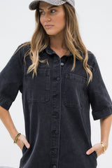 Tallow Relaxed-Fit Denim Mini Dress - Black - The Self Styler