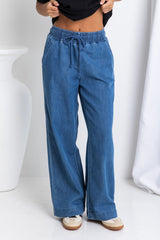 Farrah Wide-Leg Chambray Denim Pants - Dark Wash - The Self Styler