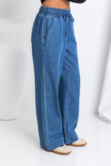 Farrah Wide-Leg Chambray Denim Pants - Dark Wash - The Self Styler