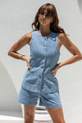 Fallon Denim Vest Top - Light Wash - The Self Styler