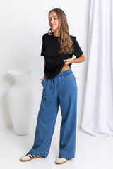 Farrah Wide-Leg Chambray Denim Pants - Dark Wash - The Self Styler
