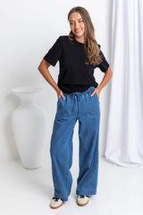 Farrah Wide-Leg Chambray Denim Pants - Dark Wash - The Self Styler
