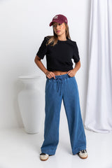 Farrah Wide-Leg Chambray Denim Pants - Dark Wash - The Self Styler