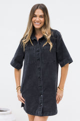 Tallow Relaxed-Fit Denim Mini Dress - Black - The Self Styler