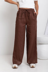 Tahlia Straight-Leg Linen Pants - Chocolate - The Self Styler