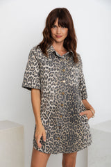 Tallow Relaxed-Fit Denim Mini Dress - Light Leopard Print - The Self Styler