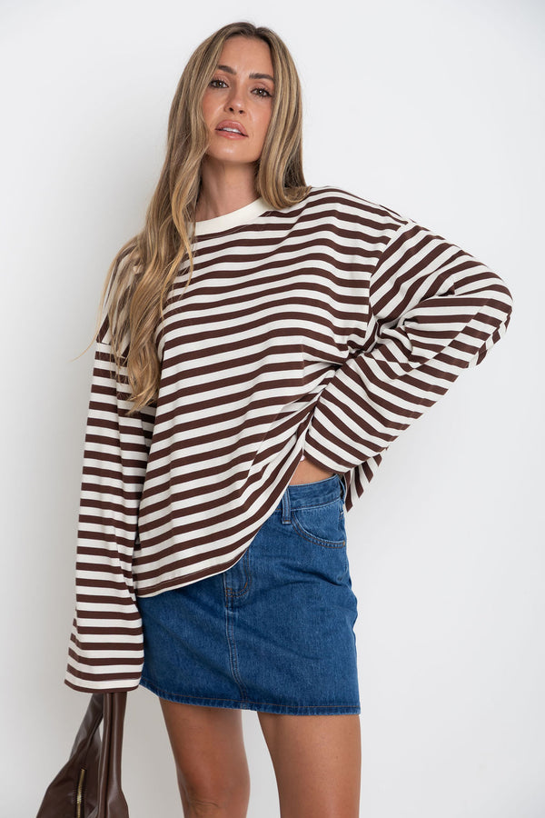 Benni Stripe Long Sleeve Top - Chocolate and Cream