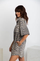Tallow Relaxed-Fit Denim Mini Dress - Light Leopard Print - The Self Styler