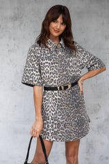 Tallow Relaxed-Fit Denim Mini Dress - Light Leopard Print - The Self Styler