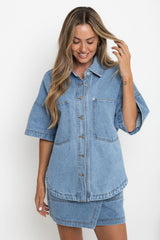 Juno Oversized Denim Shirt - Mid Wash - The Self Styler