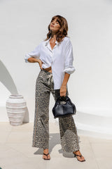 Sia Wide-Leg Denim Stripe Pants - Leopard Print - The Self Styler