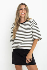 Zephyr Relaxed-Fit Stripe Tee - Cream with Olive and Black - The Self Styler