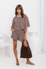 Zaya Stripe Shorts - Choc and Pink - The Self Styler