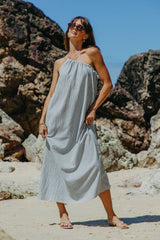 Clara One-Shoulder Maxi Dress - White and Charcoal Stripe - The Self Styler