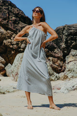 Clara One-Shoulder Maxi Dress - White and Charcoal Stripe - The Self Styler