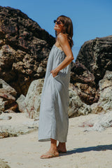 Clara One-Shoulder Maxi Dress - White and Charcoal Stripe - The Self Styler