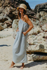 Clara One-Shoulder Maxi Dress - White and Charcoal Stripe - The Self Styler