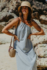 Clara One-Shoulder Maxi Dress - White and Charcoal Stripe - The Self Styler