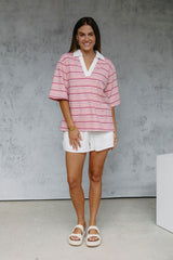 Ollie Rugby Stripe Tee - Pink - The Self Styler
