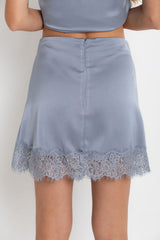 Ivy Satin Lace Mini Skirt - Steel Blue - The Self Styler