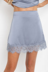 Ivy Satin Lace Mini Skirt - Steel Blue - The Self Styler