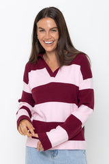 Taylor Rugby Stripe Polo Knit - Pink and Burgundy - The Self Styler