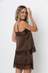 Ivy Satin Lace Mini Skirt - Chocolate - The Self Styler