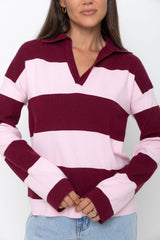 Taylor Rugby Stripe Polo Knit - Pink and Burgundy - The Self Styler