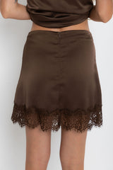 Ivy Satin Lace Mini Skirt - Chocolate - The Self Styler
