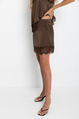 Ivy Satin Lace Mini Skirt - Chocolate - The Self Styler