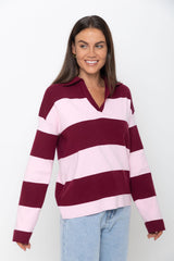 Taylor Rugby Stripe Polo Knit - Pink and Burgundy - The Self Styler
