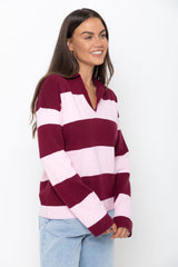 Taylor Rugby Stripe Polo Knit - Pink and Burgundy - The Self Styler