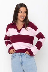 Taylor Rugby Stripe Polo Knit - Pink and Burgundy - The Self Styler
