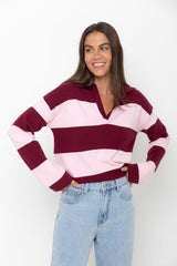 Taylor Rugby Stripe Polo Knit - Pink and Burgundy - The Self Styler