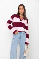 Taylor Rugby Stripe Polo Knit - Pink and Burgundy - The Self Styler