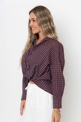 Arlo Cropped Tuck Check Shirt - Burgundy - The Self Styler