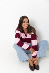 Taylor Rugby Stripe Polo Knit - Pink and Burgundy - The Self Styler