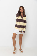 Taylor Rugby Stripe Polo Knit - Yellow and Choc - The Self Styler