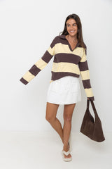 Taylor Rugby Stripe Polo Knit - Yellow and Choc - The Self Styler