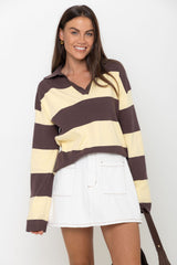 Taylor Rugby Stripe Polo Knit - Yellow and Choc - The Self Styler