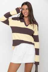 Taylor Rugby Stripe Polo Knit - Yellow and Choc - The Self Styler