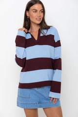 Taylor Rugby Stripe Polo Knit - Blue and Plum - The Self Styler