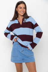 Taylor Rugby Stripe Polo Knit - Blue and Plum - The Self Styler