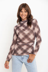 Zara Mesh Long Sleeve Top - Choc Brown Check - The Self Styler