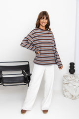 Leo Long Sleeve Top - Brown, Blue and Cream Stripe - The Self Styler