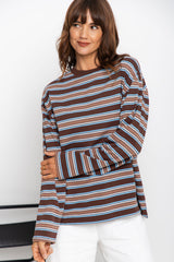 Leo Long Sleeve Top - Brown, Blue and Cream Stripe - The Self Styler