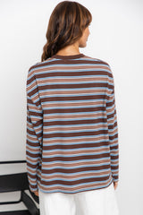 Leo Long Sleeve Top - Brown, Blue and Cream Stripe - The Self Styler