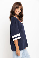 Stevie Relaxed-Fit V-Neck Tee - Navy and Butter - The Self Styler