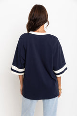 Stevie Relaxed-Fit V-Neck Tee - Navy and Butter - The Self Styler