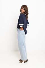 Stevie Relaxed-Fit V-Neck Tee - Navy and Butter - The Self Styler